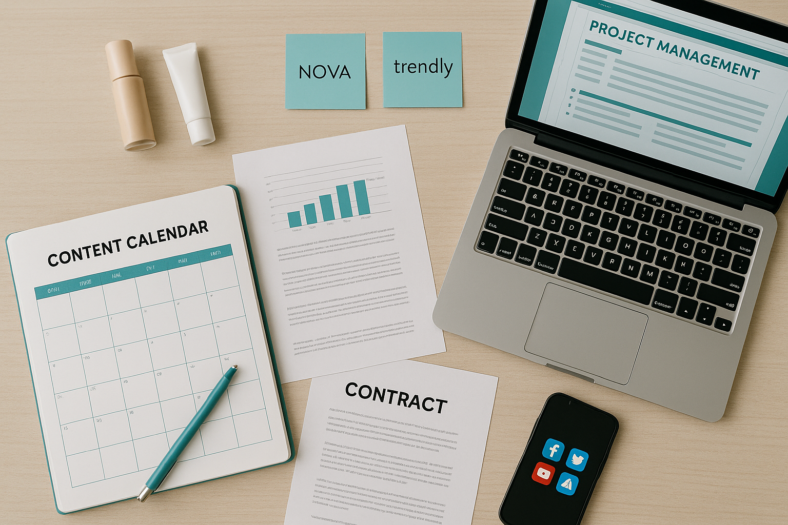 Content creator organizing brand deals on computer with spreadsheet and notes