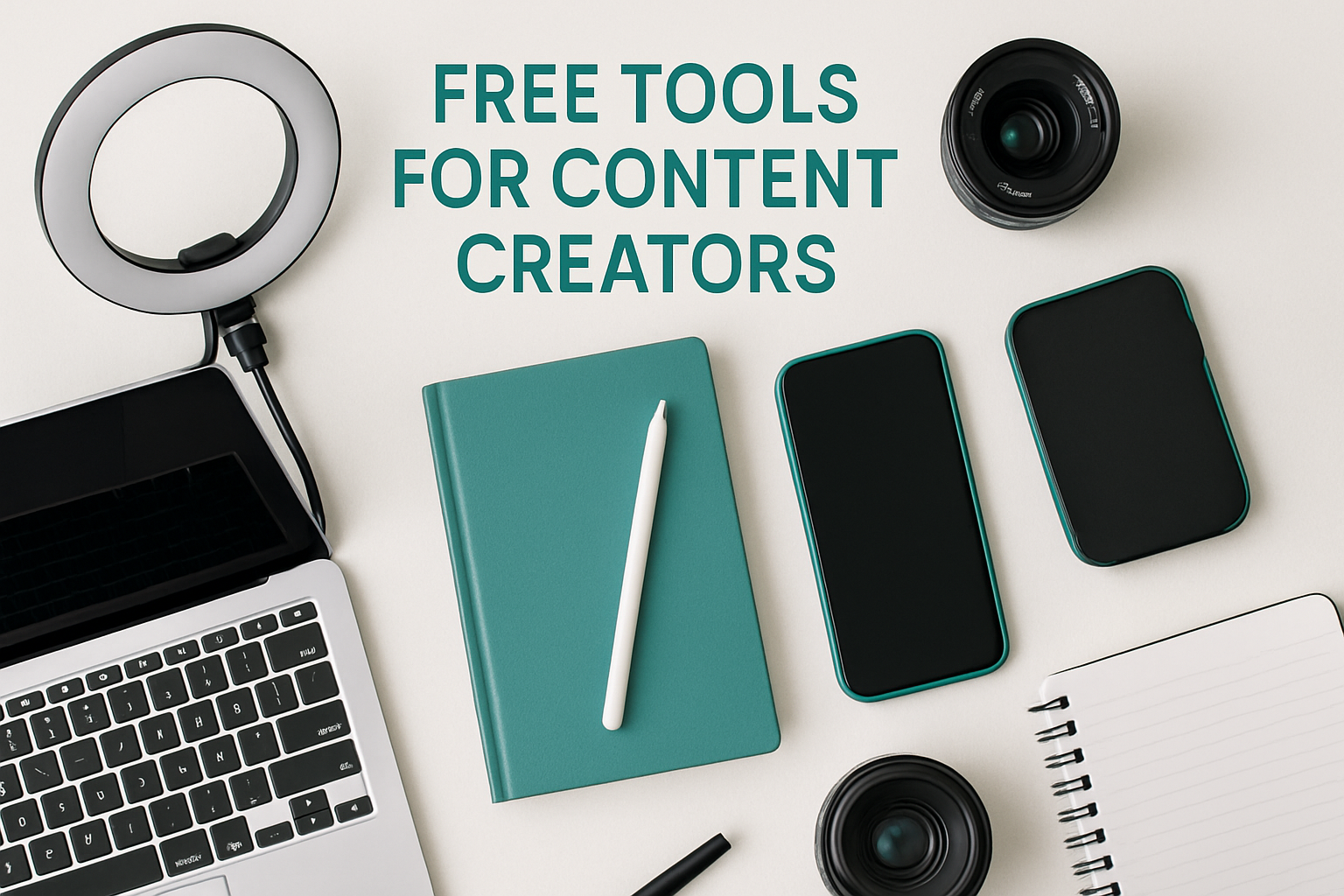 Content creator workspace with laptop showing various free creative tools and apps