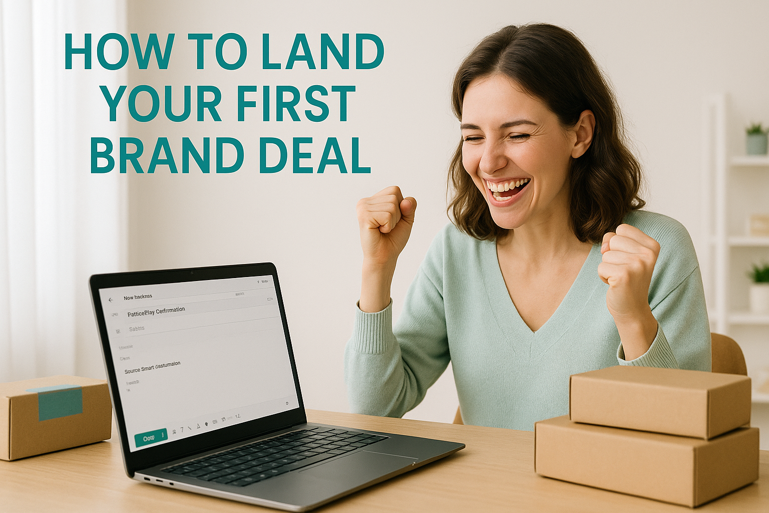 Content creator working on laptop with brand collaboration materials