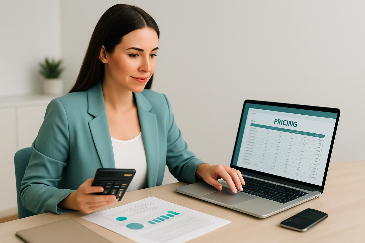UGC creator calculating rates on laptop with content planning materials