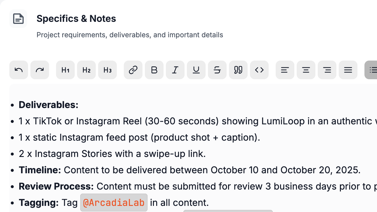 Notion-style rich text editor in Collabed for tracking brand deal requirements and campaign specifics
